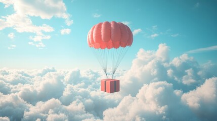 Canvas Print - A Red Box flying on a parachute,vector illustration of package flying down from sky and cloud with parachute, concept for delivery service,shopping online,air delivery service.