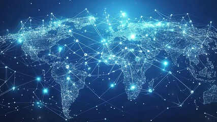 Poster - Abstract glowing global network with world map. Global network connections. Technology background. Global network and connectivity concept. World map. World geography map. Futuristic. 