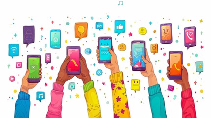 Wall Mural - Hands with smartphones. Mobile communication application. Chat message icons. Play and hold smartphone. Conversation talk in phone app. Arms sending emoji. Vector digital messenger
