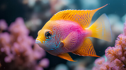 Wall Mural - Close-up of a pink and orange fish swimming in the sea