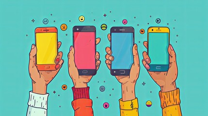 Wall Mural - Hands with smartphones. Mobile communication application. Chat message icons. Play and hold smartphone. Conversation talk in phone app. Arms sending emoji. Vector digital messenger