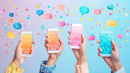 Wall Mural - Hands with smartphones. Mobile communication application. Chat message icons. Play and hold smartphone. Conversation talk in phone app. Arms sending emoji. Vector digital messenger