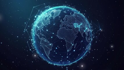 Poster - Abstract digital technology background. Abstract global network and connectivity concept with glowing blue planet earth. Information technology. Global business concept. Business tech. Copy space area