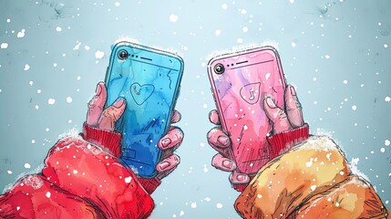 Wall Mural - Hands with smartphones. Mobile communication application. Chat message icons. Play and hold smartphone. Conversation talk in phone app. Arms sending emoji. Vector digital messenger