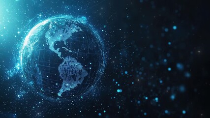 Poster - Abstract digital technology background. Abstract global network and connectivity concept with glowing blue planet earth. Information technology. Global business concept. Business tech. Copy space area