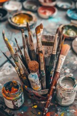 Aufkleber - A collection of paintbrushes arranged neatly on a table, great for illustrating artistic themes or creative processes