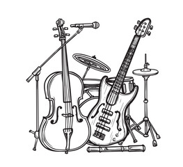 Canvas Print - Musical instruments. Sketch hand drawn vector illustration. Engraving retro vintage style.