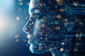 Poster - Artificial intelligence is processing data and analyzing the facial features of a woman for facial recognition