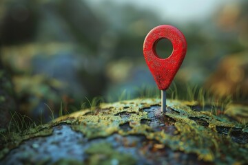 Poster - A small red pin sitting on top of a moss-covered rock, perfect for travel or adventure-themed images