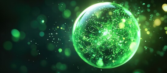 Poster - abstract glowing green energy sphere with a molecular nucleus and a round background featuring flyin