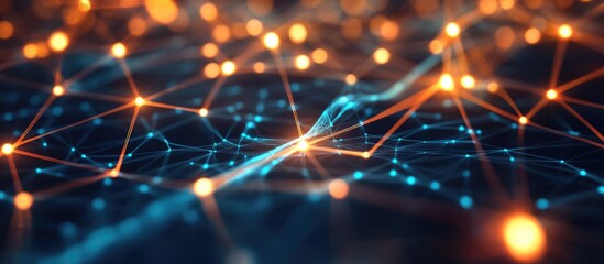 Poster - Abstract visualization of a digital network featuring illuminated interconnected nodes symbolizing technology communication and data exchange