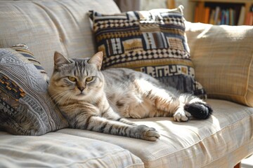 Poster - A cat relaxing on a couch with pillows