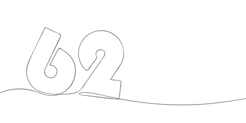 A single line drawing of a sixty two symbol. Continuous line sixty second number icon. One line icon. Vector illustration.