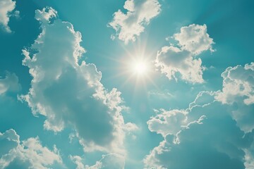 Poster - Clear blue sky with sunlight shining through white clouds, great for nature or weather-related concepts