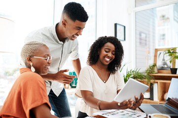 Poster - Discussion, business people and tablet in office for meeting, proposal or project feedback. Advertising agency, diversity and employee with technology for collaboration, review or eco campaign ideas