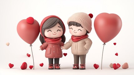 Cute Cartoon Children Holding Hands With Heart Balloons in Winter Attire