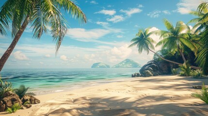 Poster - A serene beach scene with palm trees on a sunny day, perfect for travel or relaxation use