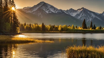 Golden hour landscape mountains and serene lake v