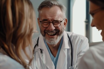 Poster - A scientist in a white lab coat discusses something with a woman, possibly a colleague or patient