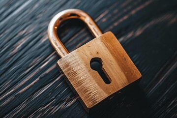 Poster - Close up of a closed golden padlock lying on a dark wooden surface, suggesting security and privacy