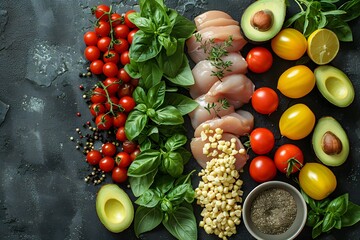 Wall Mural - Fresh Ingredients for Healthy Cooking - Chicken, Vegetables, Herbs, and Spices for Nutritious Meal Preparation