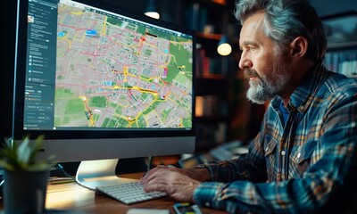 Poster - Man Working on Computer with Map
