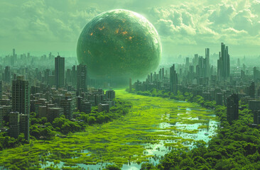 Wall Mural - A green planet with a large green ball in the middle of it. The planet is surrounded by a city with tall buildings