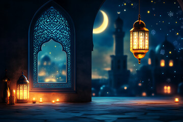 Wall Mural - Ramadan Kareem greeting photo of beautiful Arabic lantern and mosque in the background representing the Islamic Holy Month.