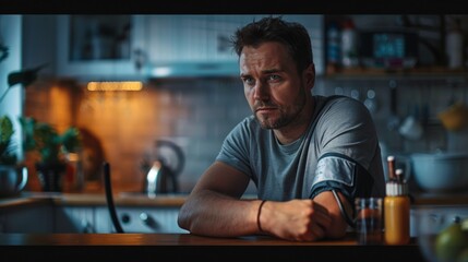 Wall Mural - Man sits at kitchen counter, serious expression, fitness tracker on arm. Bottles, cups, books around. Potted plant left, pendant light right, sink far right. Dimly lit, moody atmosphere.