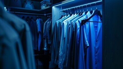 A stylish dressing room with blue lighting, men's clothes neatly arranged by colour,