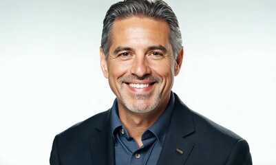 Poster - Portrait of handsome mature man looking at camera and smiling while standing against white background