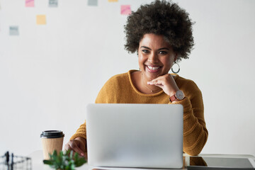 Poster - Portrait, laptop and smile of black woman in office, planning and search for startup in creative agency. Workplace, business person or web developer with digital for layout design, solution or career