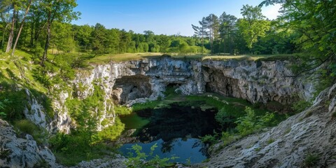 Wall Mural - Scenic limestone sinkhole in a forest under a clear blue sky