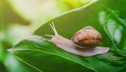 Snail Sitting on Green Leaf and Copy Space