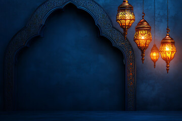 Black lantern with reflection from blue background for the Muslim feast of the holy month of Ramadan Kareem.