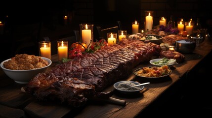 Poster - an image of kebab on wooden table, with vegetables and meat on top  