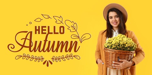 Wall Mural - Banner with stylish woman with basket and chrysanthemum flowers. Hello autumn