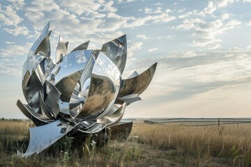 Large abstract metallic flower sculpture made of stainless steel reflecting the cloudy sky standing in a field