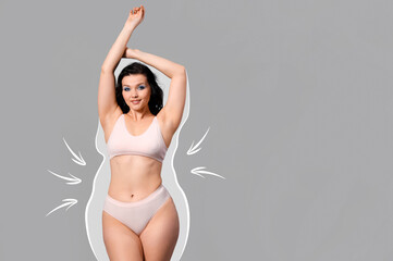 Poster - Beautiful young happy body positive woman in stylish underwear on grey background