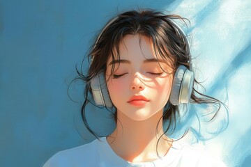 serene lofi illustration of a beautiful woman wearing headphones soft pastel colors and a calm atmosphere evoke a peaceful studying environment