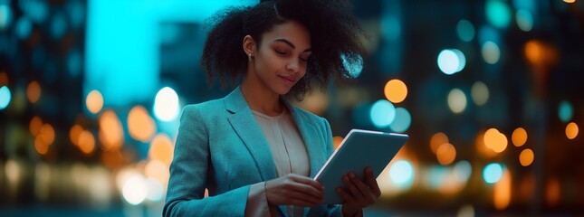 Businesswoman holding a tablet, She uses digital devices to check financial and marketing information in an office at night.