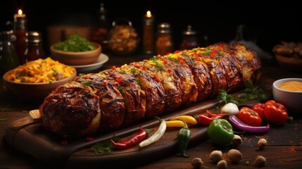 Poster - an image of kebab on wooden table, with vegetables and meat on top  