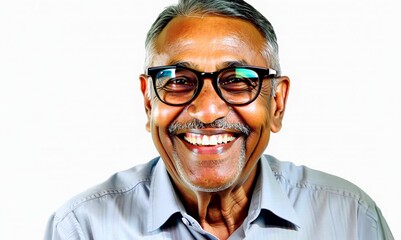 Canvas Print - Portrait of happy mature Indian man in eyeglasses smiling at camera over white background