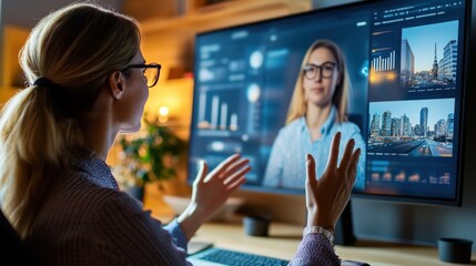 Poster - A woman is sitting in front of a computer monitor with a video call on it. The room is dimly lit, and there are potted plants in the background