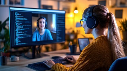 Poster - A woman is sitting in front of a computer monitor with a video call on it. She is wearing headphones and a sweater. The room is dimly lit, and there are potted plants in the background