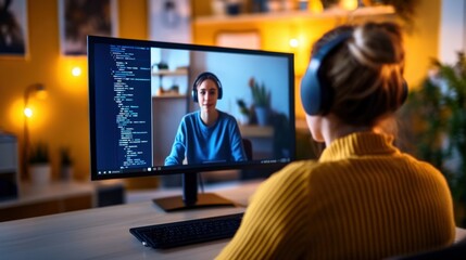 Poster - A woman is sitting in front of a computer monitor with a video call on it