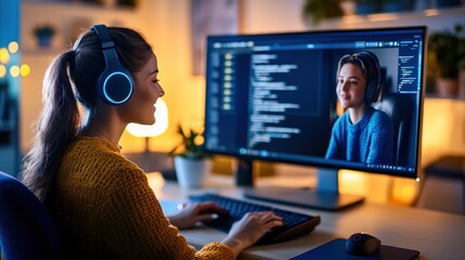 Poster - A woman is sitting in front of a computer monitor with a video call on it. She is wearing headphones and a sweater. The room is dimly lit, and there are potted plants in the background
