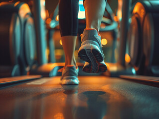 Wall Mural - Person Running on Treadmill in Dimly Lit Gym During Evening Workout