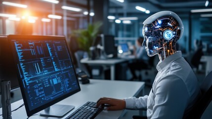 Poster - A man is sitting at a desk with a computer monitor in front of him