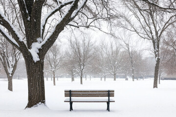 Wall Mural - A park bench covered in snow under bare winter trees.